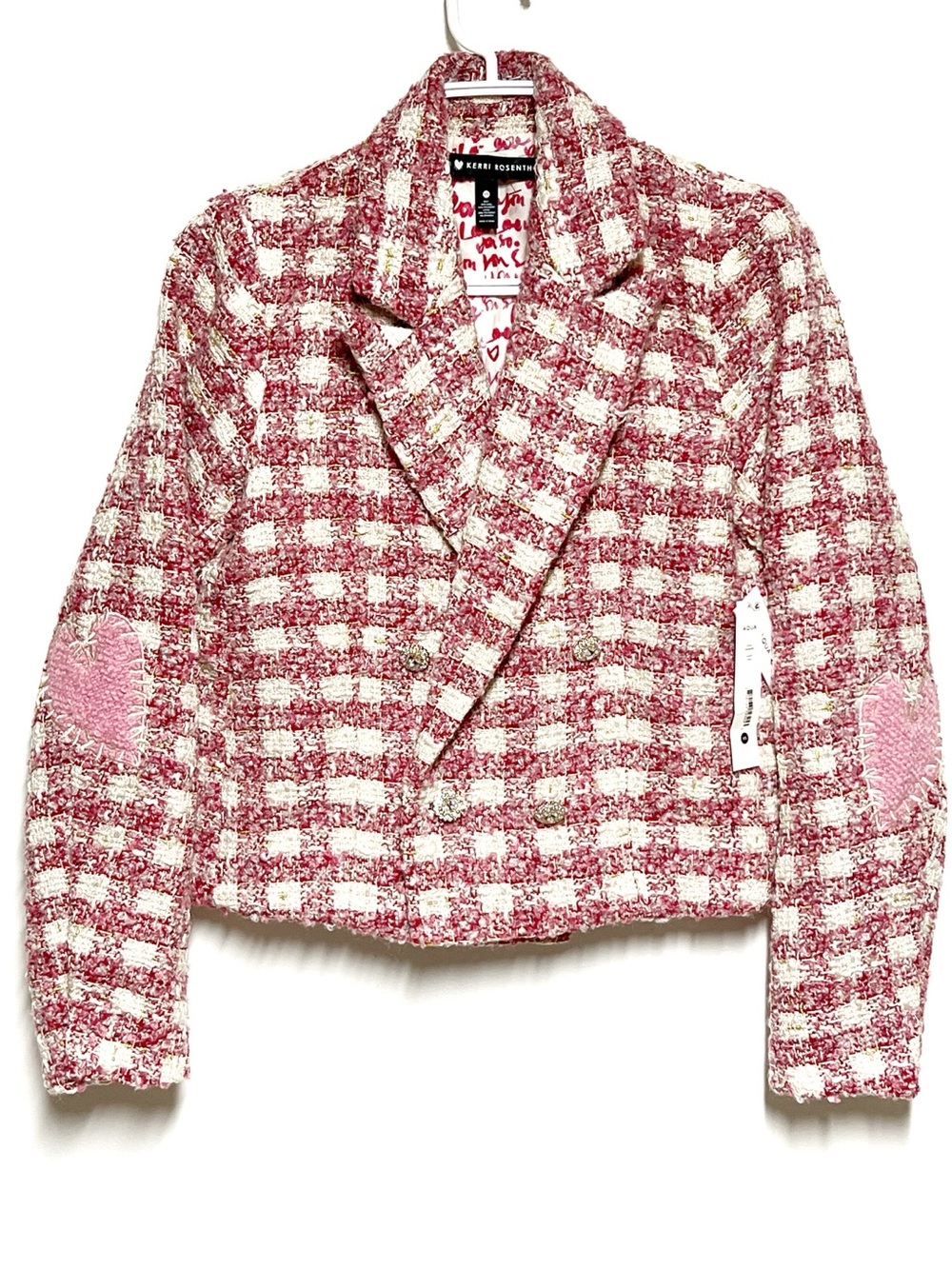 NWT AQUA x Kerri Rosenthal Tweed Heart Elbow Patch Blazer Sz XS